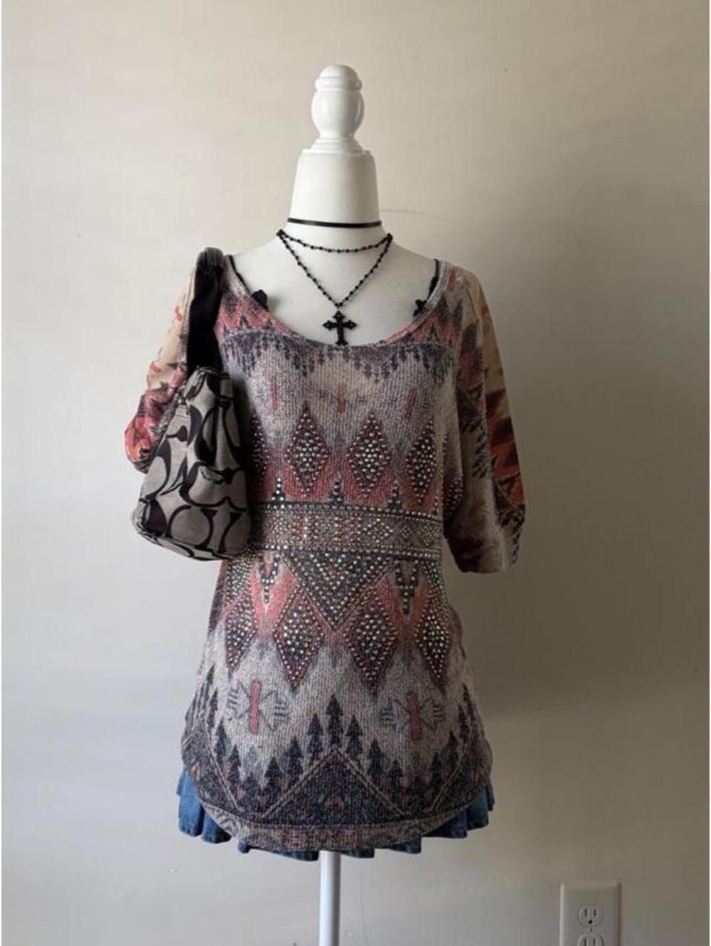 Y2K Vocal Rhinestone Aztec Tribal Print Dolman Sleeve Top
